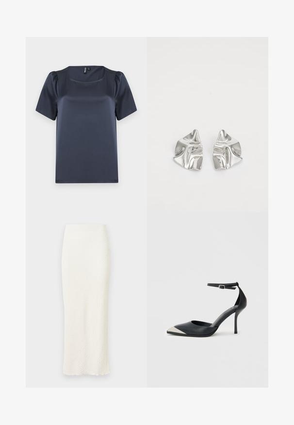 Top azul marino de manga corta en tela satinada y suave. Presenta un escote cuadrado y mangas abullonadas, con un corte recto y sin patrones visibles.; Falda midi blanca y elegante hecha de un tejido texturizado, que presenta una forma ajustada y un dobladillo sutilmente ondulado para un detalle adicional.; Zapato de tacón alto negro con punta puntiaguda, puntera metálica plateada y correa al tobillo con cierre de hebilla sobre fondo blanco.; Pendientes de metal plateado con un diseño ondulado y escultórico, que presentan un acabado pulido y formas irregulares, destacando una estética contemporánea.