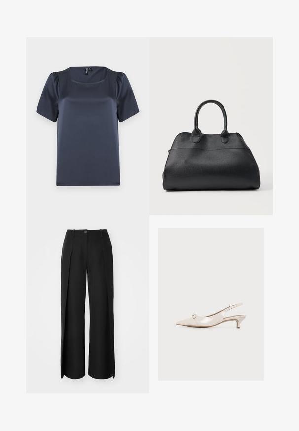 Top azul marino de manga corta en tela satinada y suave. Presenta un escote cuadrado y mangas abullonadas, con un corte recto y sin patrones visibles.; Pantalones de pierna ancha negros, hechos de tela suave, que cuentan con pliegues frontales, un cierre de un botón y lazos para cinturón.; Zapato slingback beige brillante con punta puntiaguda, tacón bajo tipo kitten y una pequeña hebilla metálica cerca de la punta.; Bolso de mano negro de cuero texturizado con dos asas redondeadas, forma estructurada y acabado liso, mostrado sobre un fondo claro y sencillo.
