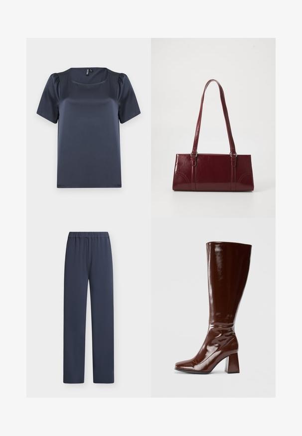 Haut à manches courtes bleu marine en tissu satin lisse. Doté d'un décolleté carré et de manches bouffantes, avec une coupe droite et sans motifs apparents.; Pantalon bleu marine droit, avec ceinture élastique, sans poches visibles ni ornements sur fond uni.; Bottes en cuir verni marron jusqu'aux genoux avec un bout carré, finition brillante et un talon épais pour la stabilité. Design sans couture sans matériel visible.; Sac à main bordeaux en matériau brillant, de forme rectangulaire, avec deux anses et des accents légèrement courbés à l'avant.