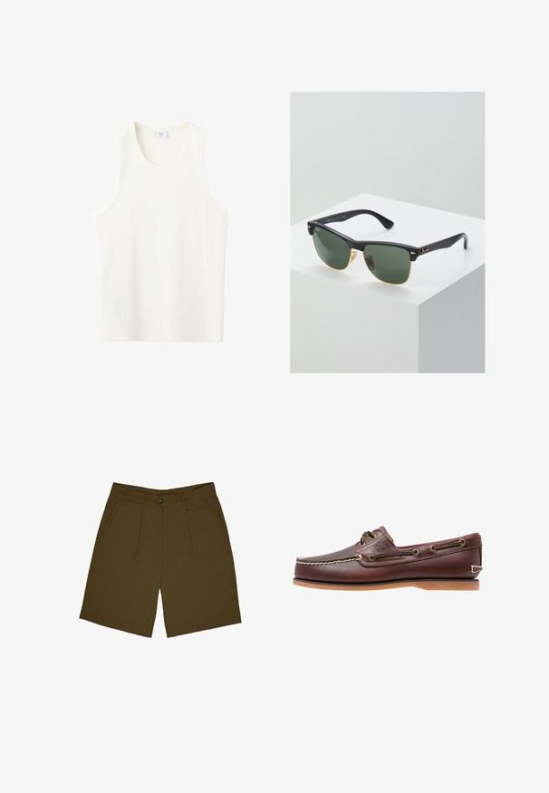 Débardeur blanc côtelé sans manches avec un col rond et un ourlet droit, présenté sur un fond uni.; Shorts plissés marron avec une taille plate, deux poches latérales et une fermeture à bouton. Le tissu semble léger avec une texture lisse.; Chaussure bateau en cuir marron avec coutures blanches, détails de lacets et semelle en caoutchouc beige, vue de côté sur fond blanc.; Lunettes de soleil Ray-Ban avec des verres verts, monture en plastique noir et accents dorés sur les bords. Forme carrée avec une finition mate.