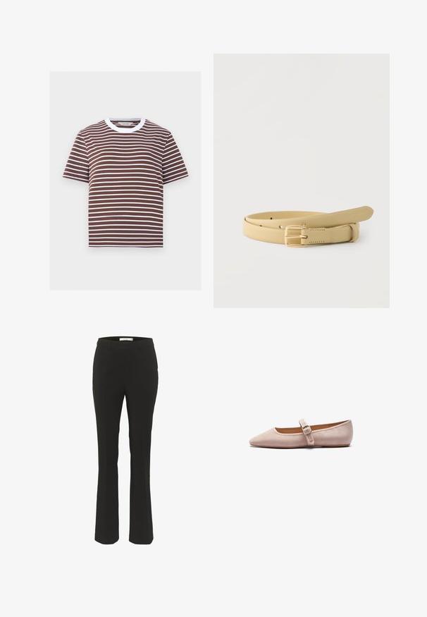 Braun-weiß gestreiftes T-Shirt mit kurzen Ärmeln und weißem rundem Halsausschnitt.; Schwarze, taillierte Hose mit einem schlanken Schnitt, weitem Saum, flachem Vorderteil und ohne sichtbare Taschen. Hergestellt aus glattem Stoff mit minimalen Nähten.; Rosa Wildleder Ballettschuhe mit spitzer Zehenform, einem einzigen Riemen mit Schnalle über dem Rist und einer glatten, matten Oberfläche.; Beigefarbener Ledergürtel, zusammengerollt mit rechteckiger goldener Schnalle und mehreren Einstelllöchern auf weißem Hintergrund.
