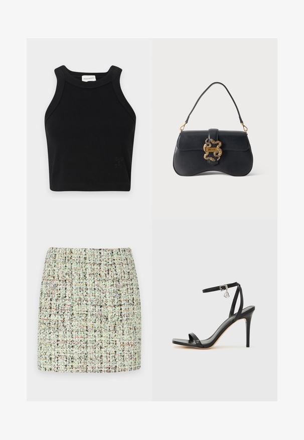 Schwarzes geripptes Cropped Top mit taillierter Passform, breiten Schulterträgern und einem dezenten Logo-Detail. Aus dehnbarem Material für höchsten Tragekomfort gefertigt.; Kurzer Tweedrock in Hellgrün mit strukturiertem Gewebe und mehrfarbigen Einsprengseln, zwei vorderen Taschen und silbernen Knopfakzenten.; Schwarze High-Heel-Sandale mit schmalem Knöchelriemen, quadratischer Zehenbox, glattem Leder und metallischem Schnallenakzent.; Schwarze Lederhandtasche mit geschwungener Form, Einzelhenkel und goldfarbenem schlangenförmigem Verschluss mit der Aufschrift "Just Cavalli" auf einfarbigem Hintergrund.
