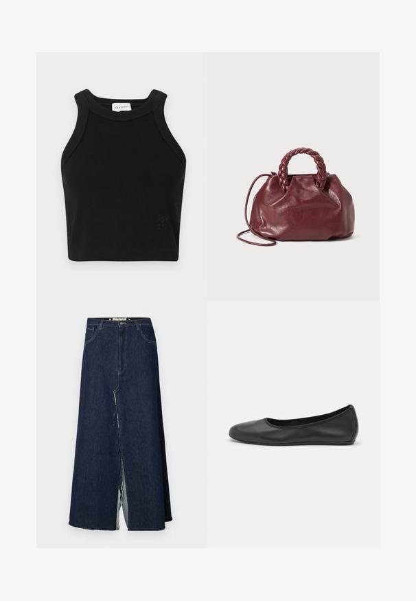 Zwart geribbeld crop top met een aansluitend ontwerp, brede schouderbanden en een subtiele logodetail. Gemaakt van rekbaar materiaal voor comfort.; Donkerblauwe denim lange rok met een split aan de voorkant. Bevat een traditionele vijf-pocket ontwerpelement en zichtbare stikselaccenten. De zoom is rafelig.; Zwarte leren ballerina met een ronde neus, gladde textuur, minimale stikdetails en een flexibele zoolontwerp.; Bordeaux lederen handtas met een gevlochten handvat, zachte textuur en een ronde vorm. Voorzien van een afneembare schouderriem voor veelzijdigheid.