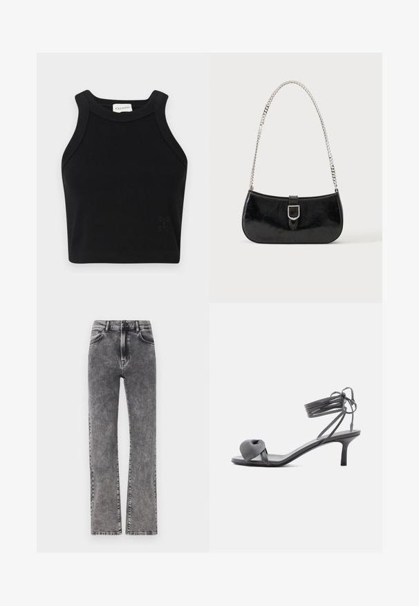Top corto negro de canalé con un diseño ceñido, tirantes anchos y un sutil detalle del logo. Fabricado con material elástico para mayor comodidad.; Jeans de denim gris de talle alto con un diseño de pierna recta, que presentan un ligero efecto de desgaste y un estilo de cinco bolsillos estándar.; Sandalia de tacón de cuero gris con tira anudada en los dedos y cordones que se envuelven alrededor del tobillo, sobre un tacón delgado de altura media, sobre fondo blanco.; Bolso de hombro de charol negro con detalle de hebilla plateada y correa de cadena plateada, presentado sobre un fondo liso y claro.