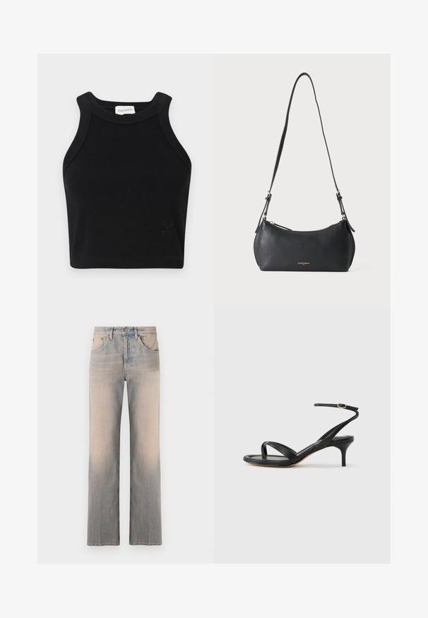 Top court noir à côtes avec un design ajusté, des bretelles larges et un détail de logo subtil. Fabriqué à partir d'un matériau extensible pour plus de confort.; Jean en denim bleu clair avec une coupe droite, comportant des poches avant, une décoloration subtile et une taille standard avec un bouton en métal.; Sandale pour femme en cuir noir avec fines lanières, une boucle d'orteil, une boucle à la cheville et un talon aiguille de hauteur moyenne sur un fond neutre.; Petit sac à épaule en cuir noir avec sangle réglable et fermeture éclair dorée, avec un texte de marque doré discret sur le devant.