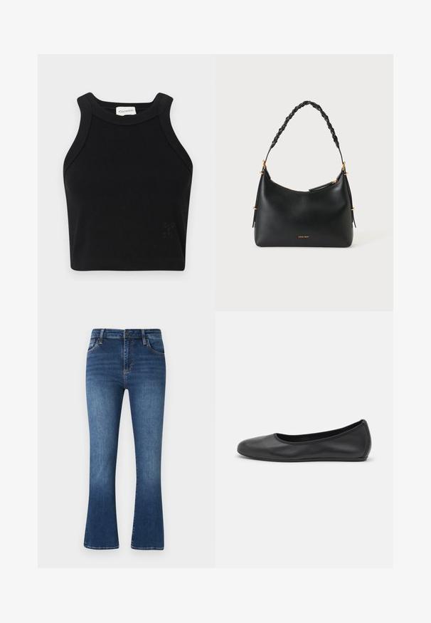 Top corto negro de canalé con un diseño ceñido, tirantes anchos y un sutil detalle del logo. Fabricado con material elástico para mayor comodidad.; Jeans acampanados de color azul oscuro hechos de denim, con un diseño clásico de cinco bolsillos, presillas para cinturón y sutiles detalles de desgaste en la tela.; Bailarina de piel negra con punta redondeada, textura suave, detalle de costura minimalista y diseño de suela flexible.; Bolso de mano de cuero negro con asa trenzada, herrajes dorados y el nombre de la marca "Vanessa Bruno" en dorado cerca de la base, mostrado sobre fondo blanco.