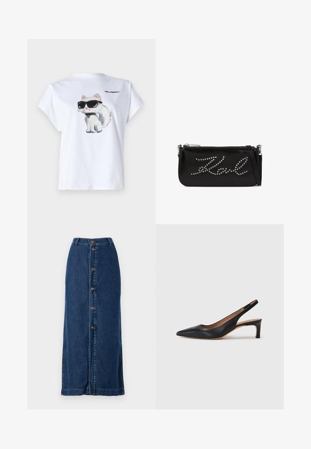 Weißes Baumwoll-T-Shirt mit einem Cartoon-Katze mit Sonnenbrille auf der Vorderseite. Kurzärmlig und mit rundem Halsausschnitt. Logo auf der Rückseite gedruckt.; Dunkelblaue Denim-Maxiröcke mit einer Knopfleiste vorne und seitlichen Schlitzen, gerader Silhouette und gesticktem Saum.; Schwarze Leder-Slingback-Pumps mit spitzer Zehenform, niedrigem Absatz und glatter Textur. Verfügt über einen dünnen, verstellbaren Riemen für einen sicheren Sitz.; Schwarze Handtasche aus lackiertem Leder mit einem Reißverschluss. Verziert mit silbernen Nieten, die ein schwungvolles Textdesign auf der Vorderseite bilden. Umhängeriemen inklusive.