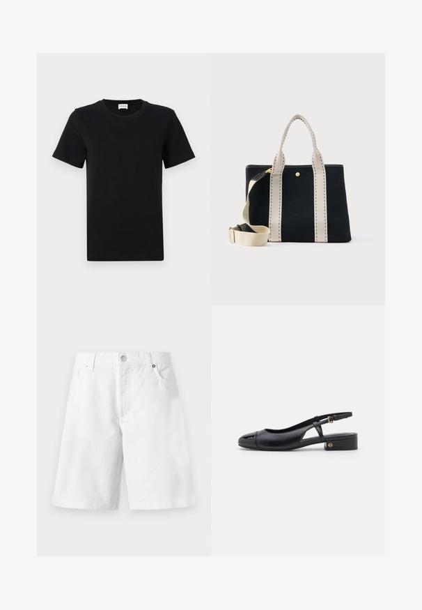 T-shirt noir en coton à manches courtes avec un col rond, présentant un détail de logo subtil sur le bas devant, et un ourlet droit.; Short en denim blanc avec passants de ceinture, bouton devant, fermeture éclair et deux poches avant, affiché sur un fond uni.; La chaussure slingback en cuir noir présente un bout arrondi, un petit talon carré et un design avec découpe latérale agrémenté d'un accent doré.; Sac cabas noir avec larges poignées beiges et bandoulière beige amovible sur fond uni.
