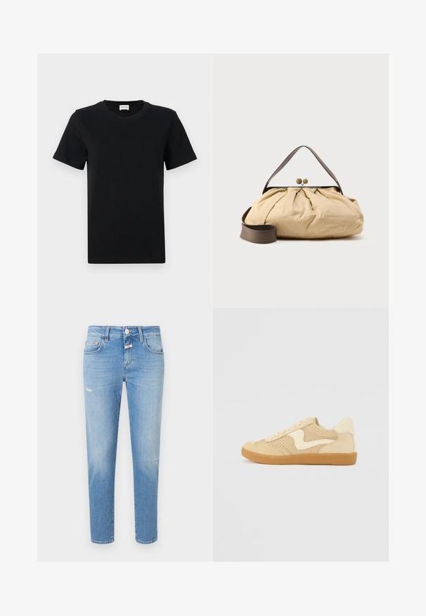 Schwarzes Baumwoll-T-Shirt mit kurzen Ärmeln und Rundhalsausschnitt, mit einem dezenten Logo-Detail an der unteren Vorderseite und einem geraden Saum.; Hellblaue Jeans mit Slim Fit, ausgestattet mit einem Knopfverschluss, leichter Waschung und klassischem Fünf-Taschen-Design.; Beige Sneaker aus Wildleder und Mesh-Materialien, runde Form, auffälliger gepolsterter Kragen und eine Sohle aus Gummi. Verfügt über ein wellenförmiges Design-Highlight.; Beige Stofftasche mit gerafftem Design, braunem Ledergriff und zwei runden metallischen Verschlüssen oben. Verstellbarer brauner Riemen inklusive.