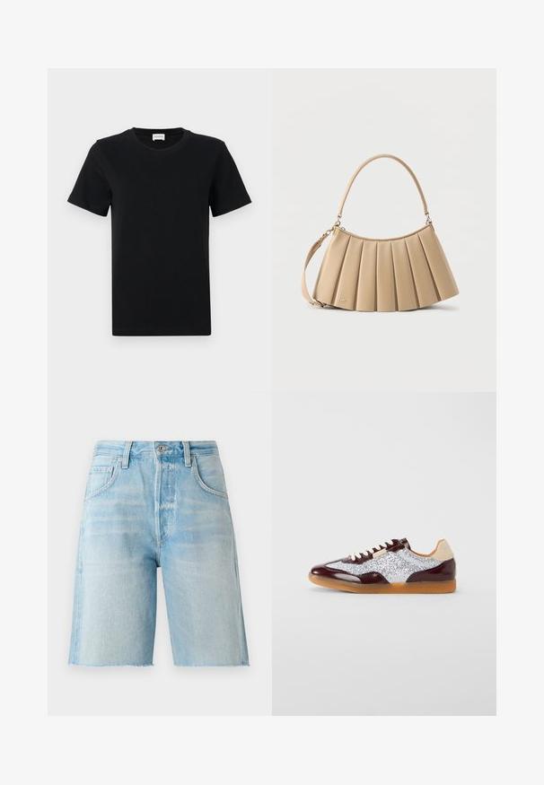 Must musta T-särk lühikeste varrukatega, ümmarguse kaelusega, millel on diskreetne logo detail alumisel eespool ning sirge lõikega äär.; Heledad sinise denim-lyhendid kõrgema vöökoht, viie tasku ja toore äärisega. Pehme tekstuur ja klassikaline lõige, sobivad igapäevaseks kandmiseks.; Madala profiiliga tennisjalats, millel on pruun nahkdetail, hõbedane sädeleva kanga paneel, valged paelad, beež kand ja kummist pool.; Beež voltidega õlakott ümmarguse ülaosas oleva käsipuuga ja lahtikäiva rihmaga, valmistatud sileast nahast, lähedal põhja peen detailne logo.