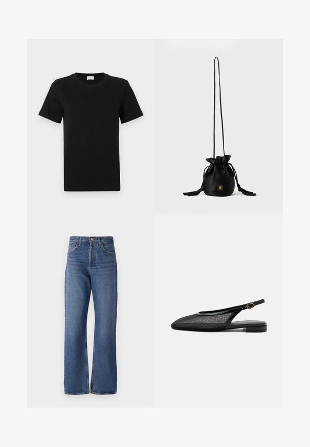 Zwart katoenen t-shirt met korte mouwen en een ronde hals, met een subtiele logodetail op de onderste voorkant, en een rechte zoom.; Blauwe denim jeans met een hoge taille, wijde pijpen, klassiek vijf-pocket ontwerp en subtiele vervagingen in de stof.; Zwarte slingback platte schoen met puntige neus, mesh bovenwerk, verstelbare gespsluiting en lage gestapelde hak op witte achtergrond.; Zwarte bucketbag met trekkoord, lange dunne band en klein goudkleurig vierkant logo aan de voorkant, weergegeven tegen een eenvoudige achtergrond.