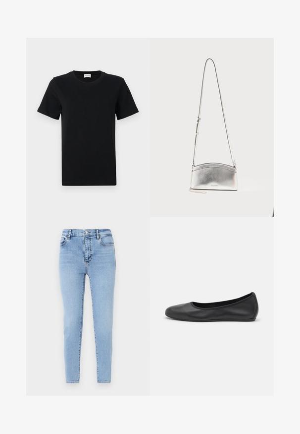 Schwarzes Baumwoll-T-Shirt mit kurzen Ärmeln und Rundhalsausschnitt, mit einem dezenten Logo-Detail an der unteren Vorderseite und einem geraden Saum.; Helle blaue, hochtaillierte Jeans mit schmalem Schnitt. Aus Denim mit feiner Textur gefertigt, mit einem Knopfverschluss vorne und Gesäßtaschen.; Schwarze Leder-Ballettschuhe mit abgerundeter Spitze, glatter Textur, minimalen Nähdetails und einem flexiblen Sohlen-Design.; Silberne Metallic-Umhängetasche mit verstellbarem Riemen und dezentem Logo auf der Vorderseite vor hellem, einfarbigem Hintergrund.
