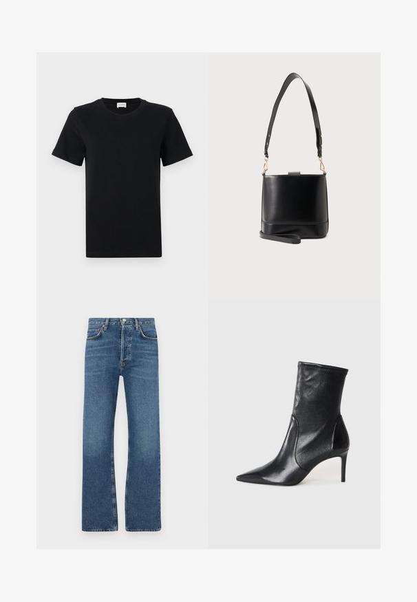 T-shirt noir en coton à manches courtes avec un col rond, présentant un détail de logo subtil sur le bas devant, et un ourlet droit.; Jean bleu en denim, avec une coupe droite, cinq poches, une fermeture à boutons et des zones légèrement décolorées au niveau des cuisses.; Bottes noires à la cheville en cuir lisse, dotées d'un bout pointu, d'un tige ajustée et d'un talon haut fin. Design minimaliste sans quincaillerie visible.; Sac seau en cuir noir avec large bandoulière réglable et sangle de poignet amovible sur fond gris clair.