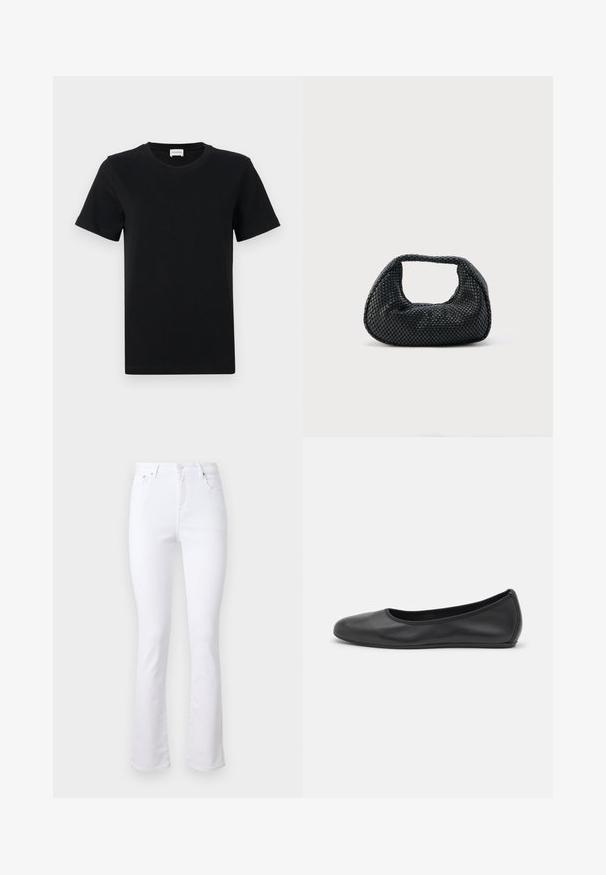 Schwarzes Baumwoll-T-Shirt mit kurzen Ärmeln und Rundhalsausschnitt, mit einem dezenten Logo-Detail an der unteren Vorderseite und einem geraden Saum.; Weiße Denim-Jeans mit weitem Bein, hoher Taille, vier Taschen und einer Knopfverschluss vorne. Sie verfügen über eine glatte Textur und saubere Säume.; Schwarze Leder-Ballettschuhe mit abgerundeter Spitze, glatter Textur, minimalen Nähdetails und einem flexiblen Sohlen-Design.; Schwarze gewebte Hobo-Tasche mit weicher Struktur und integriertem Griff, dargestellt vor einem schlichten hellen Hintergrund.