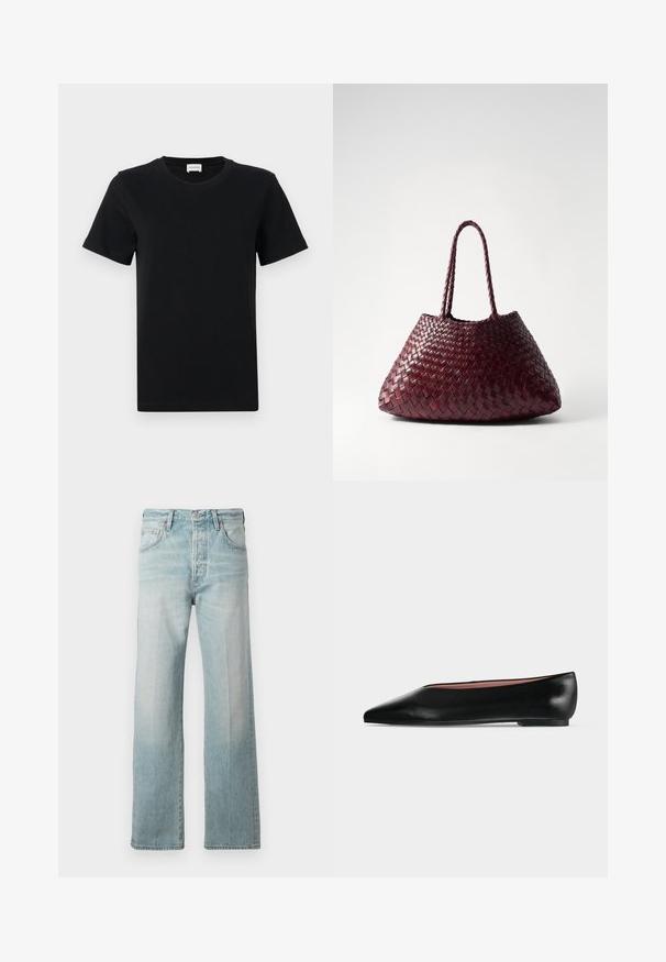 Schwarzes Baumwoll-T-Shirt mit kurzen Ärmeln und Rundhalsausschnitt, mit einem dezenten Logo-Detail an der unteren Vorderseite und einem geraden Saum.; Hellblaue Denimjeans mit geradem Bein, hoher Taille, Eingrifftaschen und ausgewaschenem Look. Mit einem dezent gesteppten Bund fertiggestellt.; Schwarzer flacher Damenleder-Schuh mit spitzer Kappe und niedrigem Absatz, von der Seite auf einfarbigem hellgrauem Hintergrund gezeigt.; DRAGON DIFFUSION SANTA CROCE BIG - Handtasche - bordo