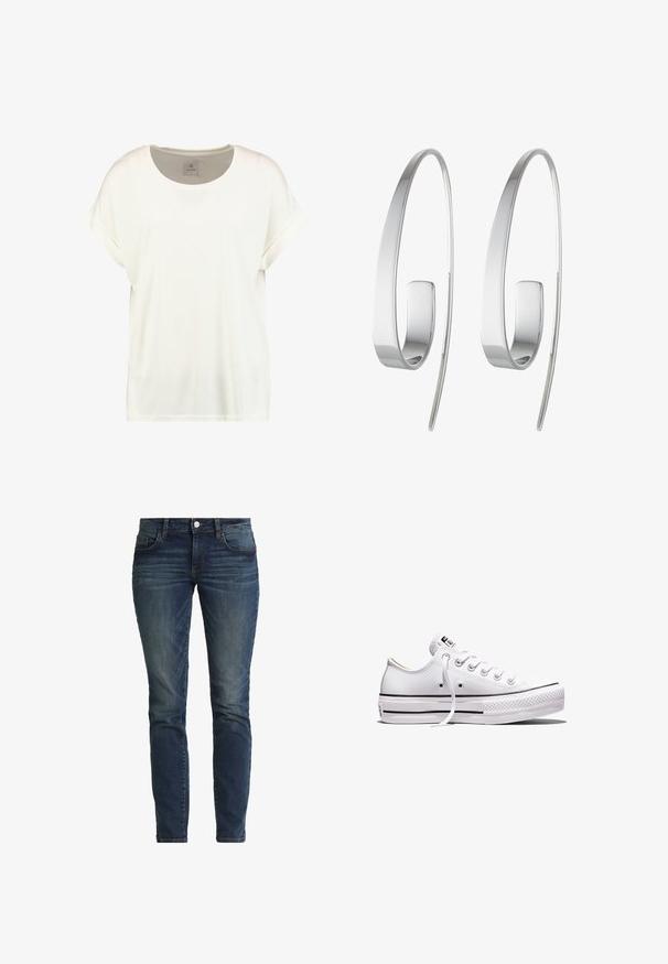 Enkelt hvid t-shirt med korte ærmer, rund hals, med opfoldede ærmekanter og en lille tekstilet label inde i kraven med teksten "Culture."; TOM TAILOR TTALEXA Slim - Jeans Slim Fit - dark stone wash denim blue; Lavtop hvid lærredsneaker med hvide snørebånd, gummisål, sorte stribedetaljer og logo-patch på tungen og hælen.; Sølv hoops øreringe med et slankt, forlænget design. Lavet af poleret metal med en glat overflade og minimalistisk stil.