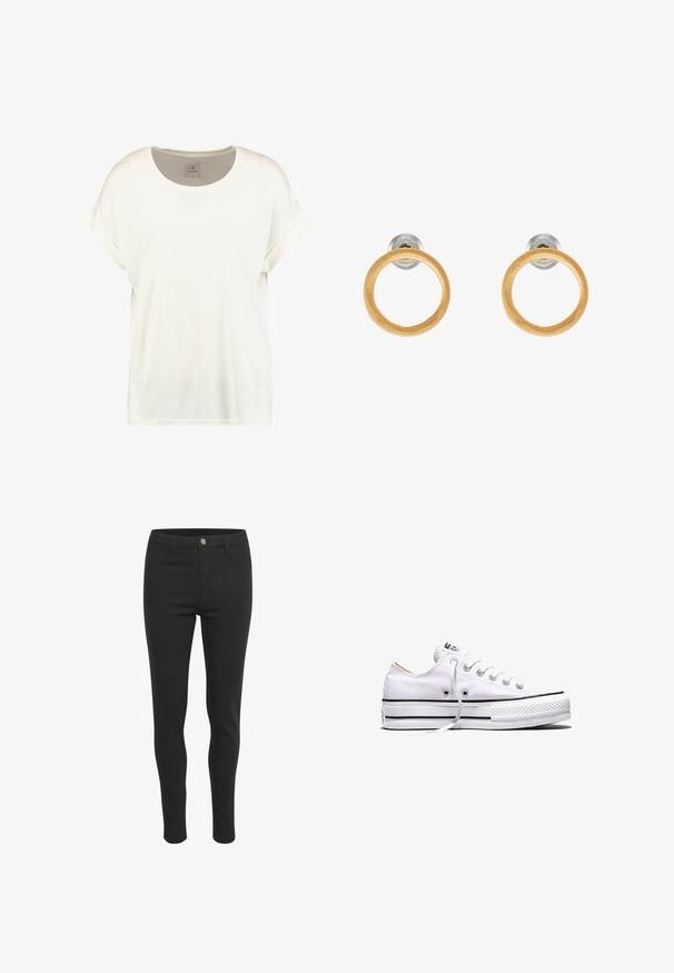 Enkelt hvid t-shirt med korte ærmer, rund hals, med opfoldede ærmekanter og en lille tekstilet label inde i kraven med teksten "Culture."; Sorte skinny jeans med en glat stofstruktur, der har en frontknaplukning, fem lommer og et tætsiddende design.; Hvid lavtop lærredssneakers med hvide snørebånd, sorte striber på sålen og gummieret tekstureret tåhætte, sidevendt på hvid baggrund.; Guldtonede metaløreringe med cirkulære trædetaljer, der har en glat overflade og et minimalistisk design. Silhuetten understreger enkelheden.