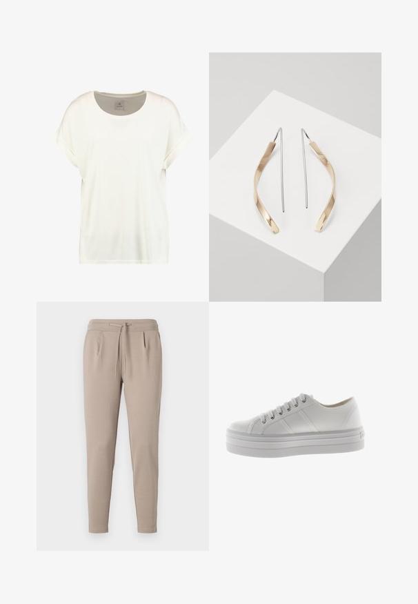 Camiseta blanca lisa de manga corta con cuello redondo, mangas con puños y una pequeña etiqueta de tela en el interior del cuello que dice "Culture."; Pantalones jogger beige elaborados en tejido suave, con una cintura elástica y cordón, y bolsillos laterales. Diseño de pierna estrecha.; Zapatilla blanca de lona baja con suela gruesa, cordones en la parte delantera y detalles de costura en el lateral.; Pendientes colgantes de oro y plata con una forma alargada y curvada. Acabado brillante con una textura suave y diseño minimalista.