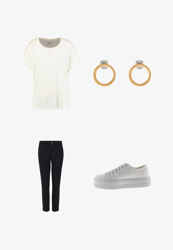 Camiseta blanca lisa de manga corta con cuello redondo, mangas con puños y una pequeña etiqueta de tela en el interior del cuello que dice "Culture."; Pantalones negros ajustados de tejido de algodón con una mezcla de materiales, que cuentan con dos botones en la parte frontal, un corte recto y una textura suave. Sin patrones visibles.; Zapatilla blanca de lona baja con suela gruesa, cordones en la parte delantera y detalles de costura en el lateral.; Pendientes de metal en tono dorado con acentos circulares de madera, con una textura suave y un diseño minimalista. La silueta enfatiza la simplicidad.