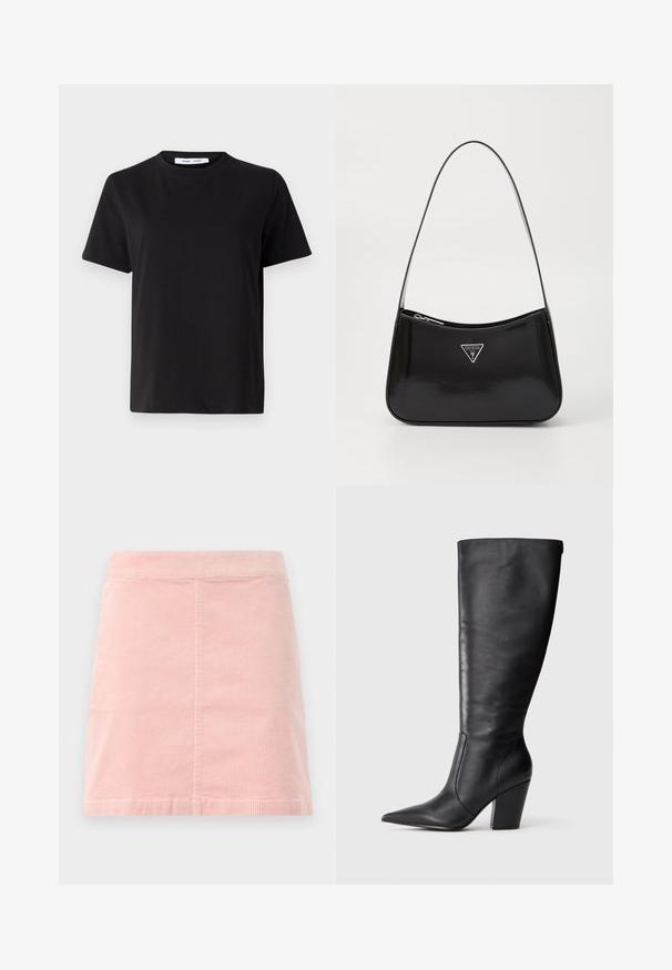 Sort t-shirt med korte ærmer fremstillet af blødt bomuld, med rund halsudskæring, afslappet pasform og en glat overflade. Ingen synlige mønstre eller grafik.; Rosa corduroy mini nederdel med en tætsiddende talje og lodret ribbet tekstur. Den har en lige kant og har et simpelt design uden udsmykning.; Sort læderknehøj støvle med spids tå og kraftig høj hæl, vist i venstre sideprofil på hvid baggrund.; Sort patenteret læder skuldertaske med en buet form, prydet med et sølvfarvet trekantet logo og en lynlås-lukning. Glat tekstur og slank rem.