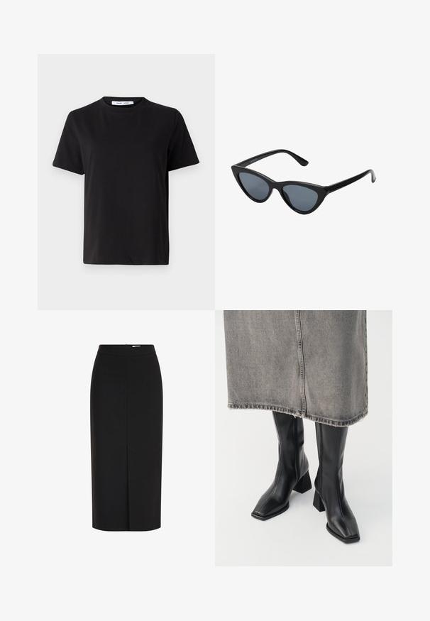 Schwarzes T-Shirt mit kurzen Ärmeln aus weicher Baumwolle, mit rundem Ausschnitt, lockerer Passform und glatter Textur. Keine sichtbaren Muster oder Grafiken.; Schwarzer Midirock mit hoher Taille, Bleistiftschnitt, vorderem Schlitz und verdecktem Reißverschluss vor weißem Hintergrund.; Schwarze knielange Stiefel aus glattem Leder mit quadrater Zehenpartie und Blockabsatz. Getragen mit einem grauen Jeansrock mit ausgefranstem Saum.; Schwarze Cat-Eye-Sonnenbrille mit dunkelgrauen Gläsern, schlankem Kunststoffrahmen, spitzen Ecken und geraden Bügeln. Keine sichtbaren Befestigungen oder Akzente.