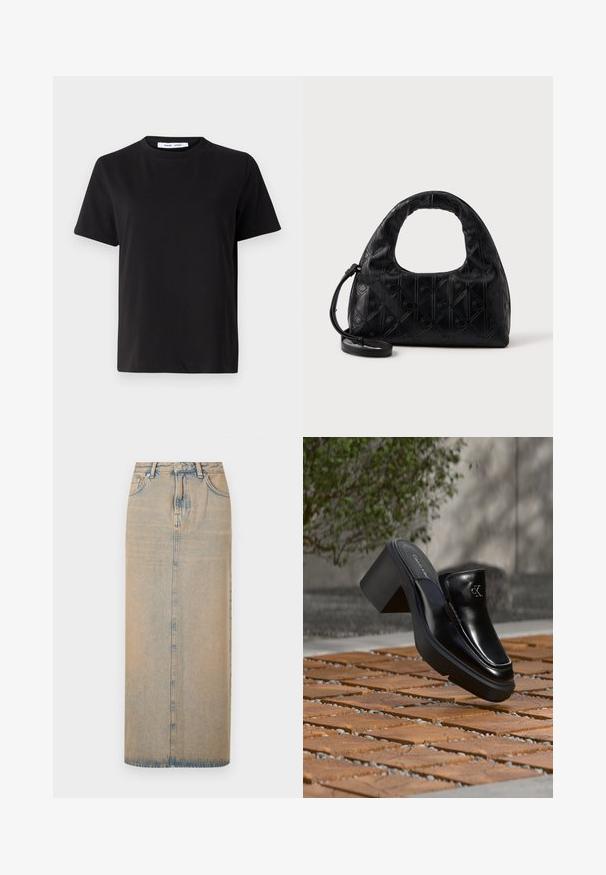T-shirt noir à manches courtes en coton doux, avec un col rond, une coupe décontractée et une texture lisse. Pas de motifs ni de graphiques visibles.; Une longue jupe en denim bleu clair avec une coupe droite. Comprend cinq poches, des passants de ceinture et un multiplicateur de boutons à l'avant. Texture décolorée sur toute la surface.; Mule slip-on en cuir noir Calvin Klein avec talon bloc reposant sur des carreaux en bois à l'extérieur près d'une plante verte et d'un mur gris.; Sac à main en cuir noir avec une anse supérieure incurvée, un motif en diamant subtile, et une bandoulière détachable. La texture est lisse avec des détails embossés.
