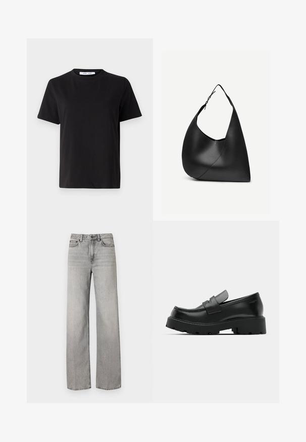Sort t-shirt med korte ærmer fremstillet af blødt bomuld, med rund halsudskæring, afslappet pasform og en glat overflade. Ingen synlige mønstre eller grafik.; Grå denim brede bukser med en medium vask, der har en knaplukning, fem lommer og standard syninger.; Sorte læder loafers med en chunky tekstureret sål, der har en rem over vamps og en glat, poleret finish.; Sort læder skuldertaske med buet trekantet form, enkelt justerbart rem og synlig diagonal søm foran.