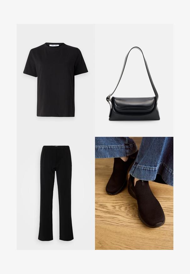 Camiseta negra de manga corta hecha de algodón suave, con un cuello redondo, corte relajado y una textura lisa. Sin patrones ni gráficos visibles.; Pantalones negros con un diseño acampanado, confeccionados en una tela suave. Presentan una cinturilla elástica para mayor comodidad y una silueta limpia y sencilla.; Zapatos negros sin cordones con parte superior de punto texturizado y abertura elástica. Tienen una forma de puntera redondeada y una suela baja con amortiguación, usados con un dobladillo de mezclilla.; Bolso de piel negra con una forma estructurada, una textura suave y una sola correa para el hombro. Presenta un diseño de tapa sutil y redondeado.