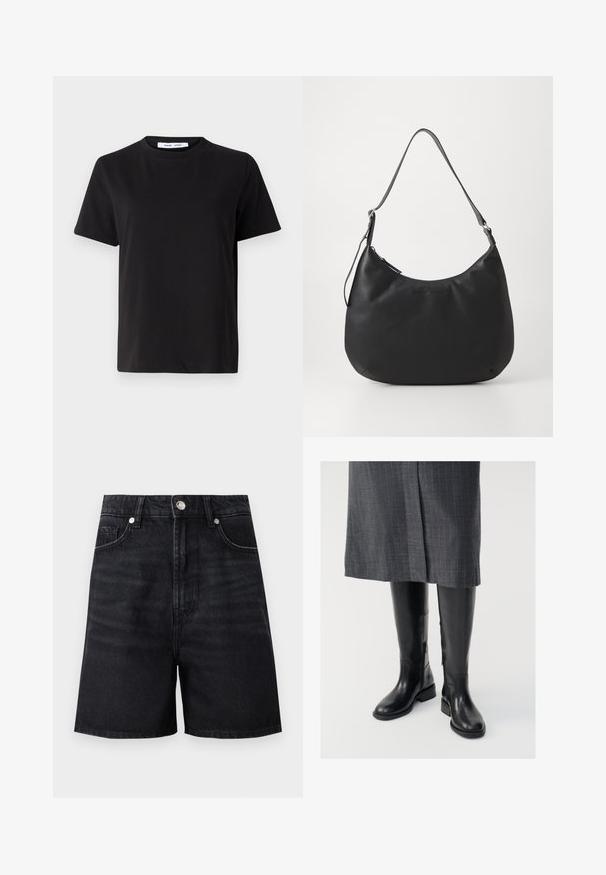 Sort t-shirt med korte ærmer fremstillet af blødt bomuld, med rund halsudskæring, afslappet pasform og en glat overflade. Ingen synlige mønstre eller grafik.; Sorte denimshorts med høj talje, frontlommer og metalknaplukning. Glat tekstur med subtile falmning detaljer.; Knæhøje sorte læderstøvler med en glat tekstur, lynlåse i siden og en flad sål. Støvlerne har et struktureret skaft og minimalt hardware.; Sort hobo-taske lavet af glat, holdbart materiale. Har en enkelt justerbar rem og et subtilt præglogo på forsiden.