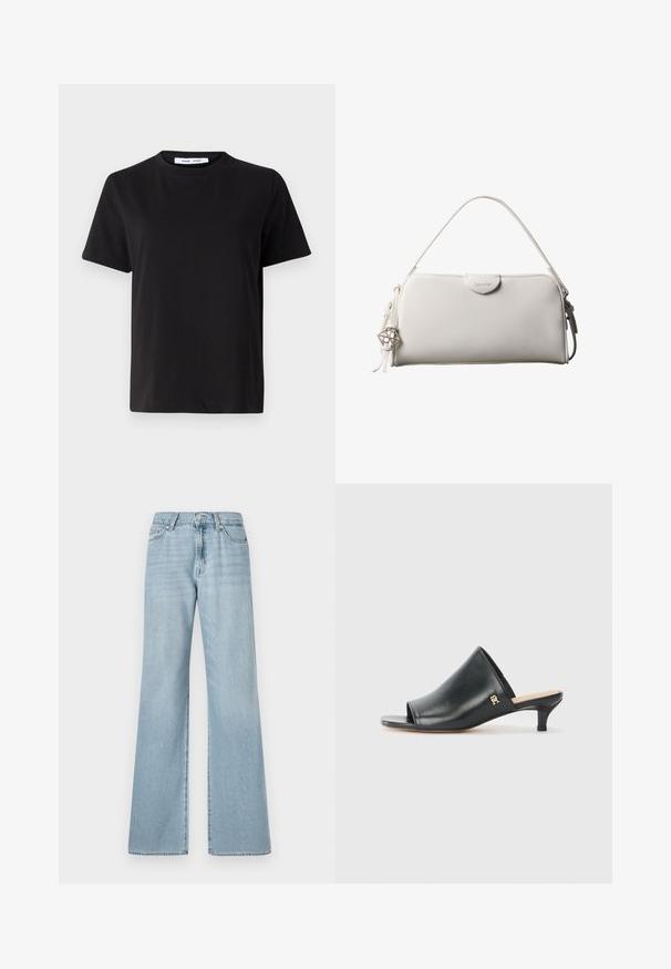 Schwarzes T-Shirt mit kurzen Ärmeln aus weicher Baumwolle, mit rundem Ausschnitt, lockerer Passform und glatter Textur. Keine sichtbaren Muster oder Grafiken.; Hellblaue weit geschnittene Jeans aus Denim, mit hoher Taille, Fronttaschen und dezentem Verblassen des Stoffs.; Schwarze Leder-Pantoletten mit offenen Zehen und niedrigem Absatz. Sie verfügen über eine glatte Oberfläche und ein goldenes Logo-Detail an der Seite.; Weiße rechteckige Calvin Klein Handtasche mit einem einzelnen Henkel, minimalistischem Design und dekorativen Quasten mit geometrischem Metallanhänger an der Seite.