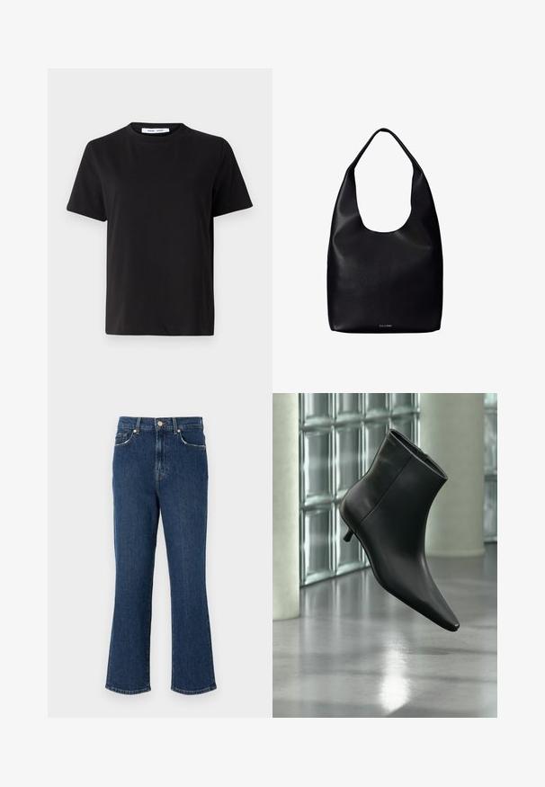 Schwarzes T-Shirt mit kurzen Ärmeln aus weicher Baumwolle, mit rundem Ausschnitt, lockerer Passform und glatter Textur. Keine sichtbaren Muster oder Grafiken.; Dunkelblaue, ausgestellte Jeans aus Denim mit einer definierten Taille, Fronttaschen und goldfarbenen Details. Glatte Textur mit Nahtdetails.; Schwarzer Leder-Stiefelette mit spitzer Zehenpartie und niedrigem Kitten-Heel, schräg dargestellt vor einem polierten Boden und einer Glasbausteinwand.; Schwarze Leder-Shopper-Tasche mit einem breiten einzelnen Schulterriemen und einem dezenten Calvin Klein-Logo in der unteren Mitte.