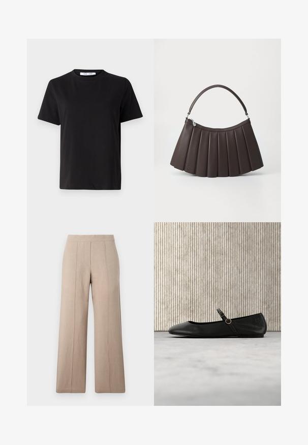 T-shirt noir à manches courtes en coton doux, avec un col rond, une coupe décontractée et une texture lisse. Pas de motifs ni de graphiques visibles.; Pantalons larges beige en tissu léger, avec des plis à l'avant, une ceinture lisse et une coupe droite aux ourlets nets.; Ballerine en cuir noir avec bout arrondi, dotée d'une fine lanière et d'une boucle circulaire dorée. Texture lisse et design minimaliste.; Sac à main marron plissé avec un sommet arrondi, une base plate et une poignée courte. Fabriqué en matière lisse avec un détail de marque subtil.