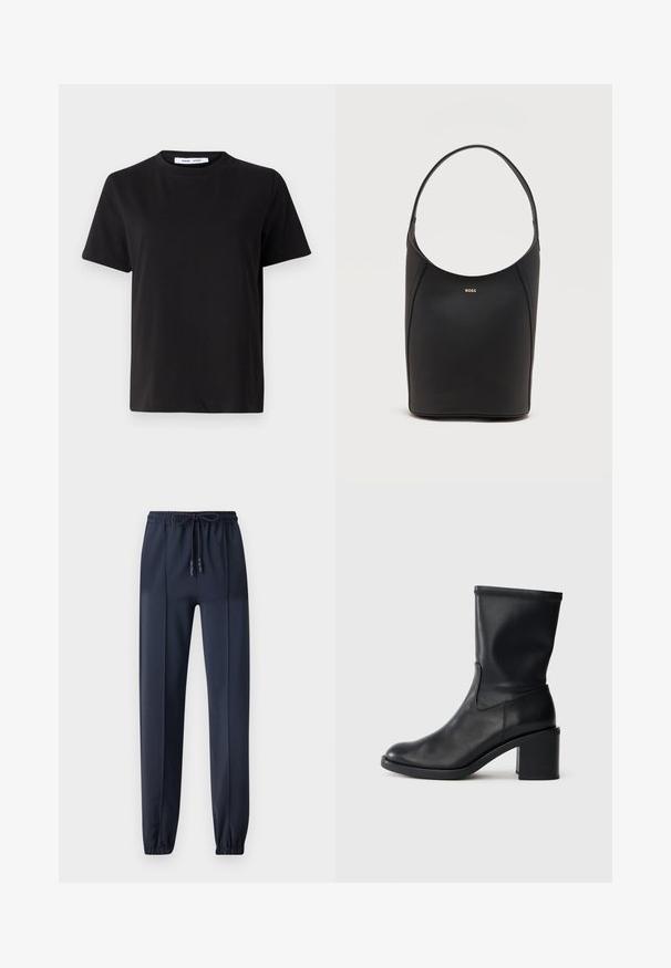 Μαύρη κοντομάνικη μπλούζα φτιαγμένη από μαλακό βαμβάκι, με στρογγυλή λαιμόκοψη, άνετη εφαρμογή και απαλό υλικό. Χωρίς ορατά σχέδια ή γραφικά.; Σκούρο μπλε παντελόνια jogger φτιαγμένα από ένα λείο, ελαφρύ υλικό. Διαθέτει ελαστική μέση με κορδόνι και σφηκοειδή κωνικά πόδια.; Μαύρη δερμάτινη μπότα μέχρι τον αστράγαλο με στρογγυλή μύτη, λεία υφή και χοντρό τακούνι, με εφαρμοστή μπότα και διακριτική ραφή.; Μαύρη δερμάτινη τσάντα κουβάς με έναν ιμάντα ώμου και μικρό χρυσό λογότυπο BOSS στο κέντρο κοντά στο πάνω μέρος μπροστά.