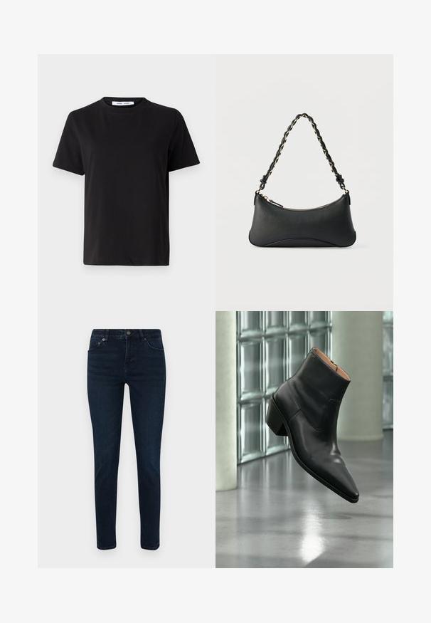 Schwarzes T-Shirt mit kurzen Ärmeln aus weicher Baumwolle, mit rundem Ausschnitt, lockerer Passform und glatter Textur. Keine sichtbaren Muster oder Grafiken.; Dunkelblaue Jeans mit schmaler Passform, ausgestattet mit einem Fünf-Taschen-Design, Knopfverschluss und dezenten Nähdetails. Glatte Textur über die gesamte Fläche.; Schwarzer Leder-Stiefelette mit spitzer Schuhspitze und Blockabsatz, der über einem reflektierenden grauen Boden nahe einer Glassteinwand schwebt.; Schwarze Lederschultertasche mit gewölbter rechteckiger Form, goldener Kette, die in den geflochtenen schwarzen Riemen eingewebt ist, und Reißverschlussverschluss oben.