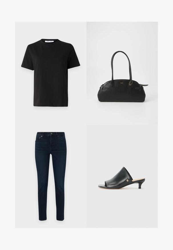 Sort t-shirt med korte ærmer fremstillet af blødt bomuld, med rund halsudskæring, afslappet pasform og en glat overflade. Ingen synlige mønstre eller grafik.; Mørk vaskede denimjeans med slim fit, der har fem-lomme design, knaplukning og subtile syningsdetaljer. Glat tekstur hele vejen igennem.; Sorte læder open-toe mules med en lav hæl. Har en glat overflade og et guld logo-prim på siden.; Sort læderhåndtaske i rund form, med to lange håndtag, guldfarvet hardware og et lille mærke vedhæftet. Lynlåslukning på toppen.