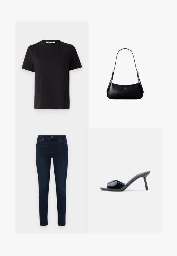 Zwart T-shirt met korte mouwen, gemaakt van zachte katoen, met een ronde hals, een ontspannen pasvorm en een gladde textuur. Geen zichtbare patronen of opdrukken.; Donkerblauwe denim jeans met een smalle pasvorm, voorzien van een vijf-pocketontwerp, een knoopsluiting en subtiele stikseldetails. Gladde textuur overal.; Zwarte lakleren open-teen sandalen met hak, met een gebogen bovenkant ontwerp en een taps toelopende naaldhak. Gladde glanzende afwerking.; Zwarte leren mini schoudertas met een dun riempje en klein goudkleurig CK-logo aan de voorkant in het midden.