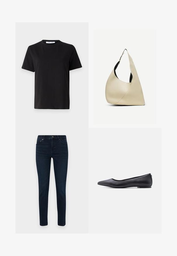 Schwarzes T-Shirt mit kurzen Ärmeln aus weicher Baumwolle, mit rundem Ausschnitt, lockerer Passform und glatter Textur. Keine sichtbaren Muster oder Grafiken.; Dunkelblaue Jeans mit schmaler Passform, ausgestattet mit einem Fünf-Taschen-Design, Knopfverschluss und dezenten Nähdetails. Glatte Textur über die gesamte Fläche.; Schwarzer flacher Lederschuh mit spitzer Kappe und niedrigem Absatz, seitlich vor weißem Hintergrund gezeigt.; Schultertasche aus cremefarbenem, glattem Leder mit geschwungener, dreieckiger Form und verstellbarem Riemen mit silberner Schnalle.