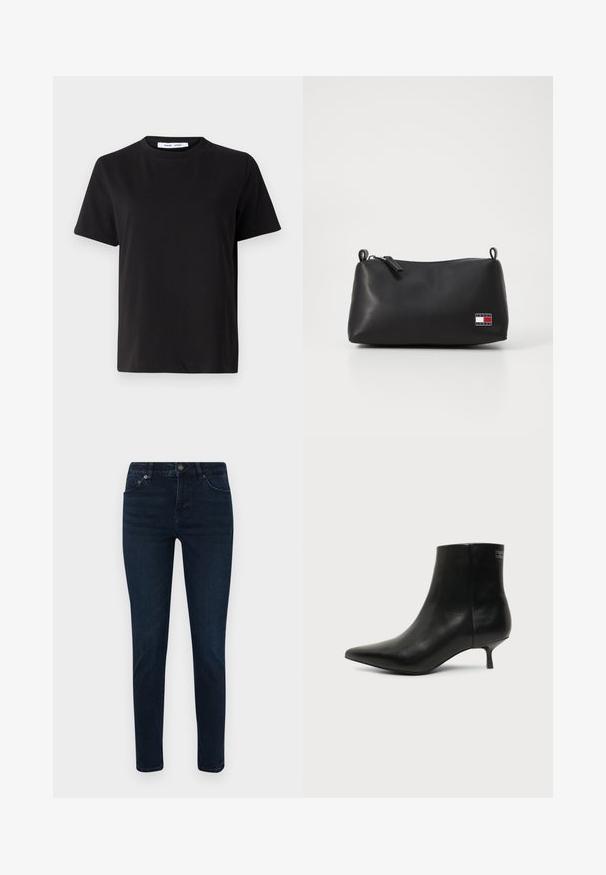 Zwart T-shirt met korte mouwen, gemaakt van zachte katoen, met een ronde hals, een ontspannen pasvorm en een gladde textuur. Geen zichtbare patronen of opdrukken.; Donkerblauwe denim jeans met een smalle pasvorm, voorzien van een vijf-pocketontwerp, een knoopsluiting en subtiele stikseldetails. Gladde textuur overal.; Zwart leren enkellaars met puntige neus en lage kittenhak op lichte achtergrond, zijaanzicht buitenkant.; Zwarte cosmetica tas met een gladde textuur, ronde vorm, ritssluiting en een klein logo label met rode, witte en blauwe accenten.