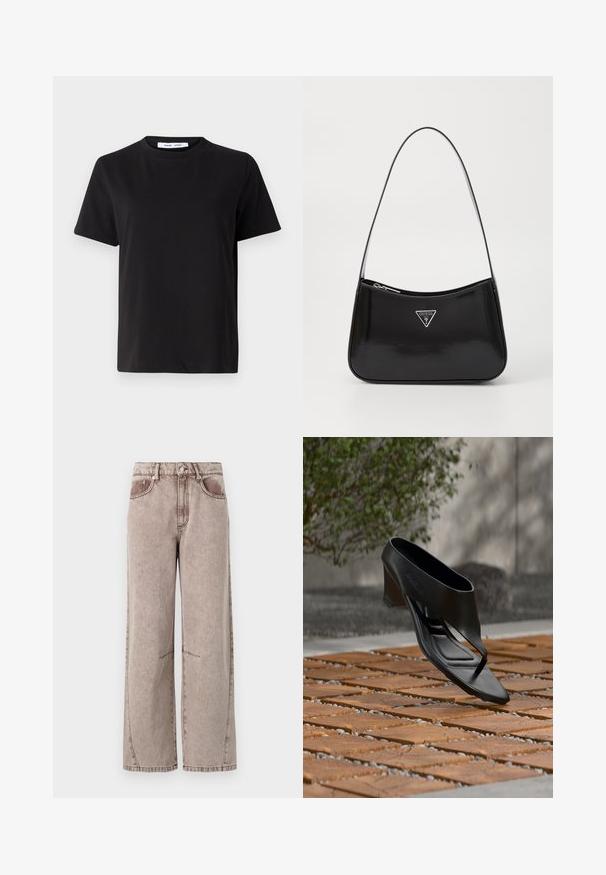 Camiseta negra de manga corta hecha de algodón suave, con un cuello redondo, corte relajado y una textura lisa. Sin patrones ni gráficos visibles.; Pantalones de mezclilla de pierna ancha y cintura alta en marrón claro, con una sutil textura, diseño de cinco bolsillos y costuras visibles.; Sandalia negra de tacón alto con tira entre los dedos, flotando sobre una superficie exterior de madera y grava con patrón, con vegetación desenfocada y pared al fondo.; Bolso de hombro de charol negro con forma curva, que presenta un logotipo triangular plateado y un cierre de cremallera. Textura suave y correa delgada.