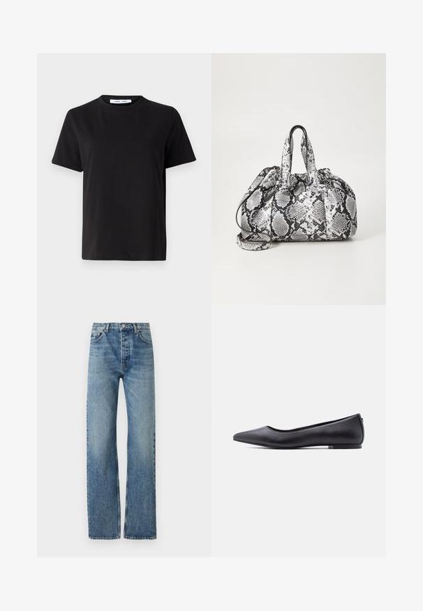 Sort t-shirt med korte ærmer fremstillet af blødt bomuld, med rund halsudskæring, afslappet pasform og en glat overflade. Ingen synlige mønstre eller grafik.; Lyseblå, høj talje jeans med lige ben, lavet af denimstof. Har klassisk fem-lomme design og sølv hardware.; Sort flad lædersko med spidst tåparti og lav hæl, vist i sideprofil mod en hvid baggrund.; Håndtaske med sort og hvid slidmønster, to håndtag, snøre lukning og aftagelig skulderrem. Glat tekstur.