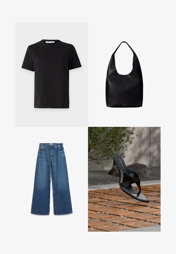 Zwart T-shirt met korte mouwen, gemaakt van zachte katoen, met een ronde hals, een ontspannen pasvorm en een gladde textuur. Geen zichtbare patronen of opdrukken.; Brede blauwe denim broek met een hoge taille, trekkoordsluiting en subtiele vervaging. Gemaakt van stevig denim met een klassiek vijf-pocket ontwerp.; Zwarte Calvin Klein hoge hak teenslipper die zweeft boven een betegeld buitenterrein met groen en een betonnen muur op de achtergrond.; Zwarte leren totebag met een enkele brede schouderriem en een subtiel Calvin Klein-logo onderaan het midden.
