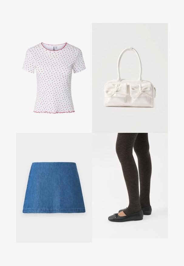 Hvid kortærmet skjorte med små røde blomsterprint, ribbet tekstur, rød bølget kant ved krave og søm. Ingen synlige knapper eller lommer.; Denim mini nederdel i en mellemblå tone, med en klassisk A-form, ren kant og uden synlige udsmykninger eller mønstre.; Ben iført mørke ribbede leggings kombineret med sorte balletsko med små sløjfedetaljer på hvid baggrund.; Hvid syntetisk håndtaske med to forlommer, hver med en bundet sløjfedetalje. Glat tekstur, afrundede håndtag og lynlås lukning.