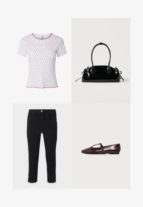 T-shirt blanc à manches courtes avec petit motif fleuri rouge, texture côtelée, bordure festonnée rouge au col et à l’ourlet. Aucun bouton ni poche visible.; Jean slim noir avec poches avant, passants de ceinture et fermeture par bouton sur un fond gris clair.; Chaussure plate en cuir bordeaux foncé avec un bout pointu et une fine bride en T avec une boucle argentée sur fond blanc.; Petit sac à main noir brillant avec deux longues anses et des détails à cordon sur les côtés sur un fond clair uni.