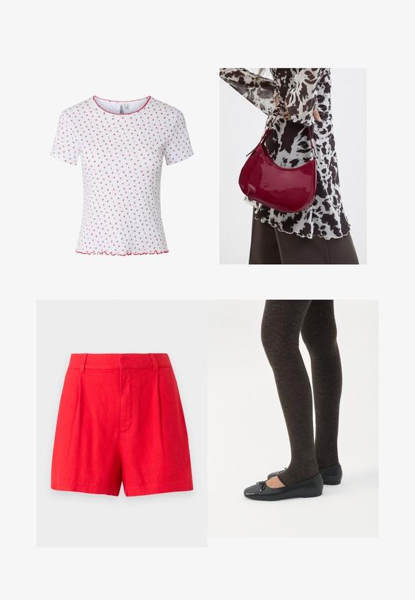 T-shirt blanc à manches courtes avec petit motif fleuri rouge, texture côtelée, bordure festonnée rouge au col et à l’ourlet. Aucun bouton ni poche visible.; Shorts en lin rouge avec une coupe soignée, featuring des plis, une texture lisse et une taille mi-haute.; Jambes portant des leggings côtelés foncés associés à des ballerines noires avec de petits détails en nœud sur fond blanc.; Femme portant un chemisier à motif noir et blanc tenant un sac à main rouge brillant sur un fond uni.