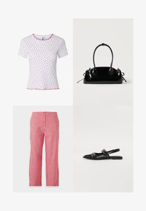 T-shirt blanc à manches courtes avec petit motif fleuri rouge, texture côtelée, bordure festonnée rouge au col et à l’ourlet. Aucun bouton ni poche visible.; Pantalon droit à carreaux vichy rouge et blanc, pleine longueur, vu de face sur fond uni clair. Pas de poches ni de boutons visibles.; Even&Odd by Zalando Ballerines à brides arrière - black; Petit sac à main noir brillant avec deux longues anses et des détails à cordon sur les côtés sur un fond clair uni.