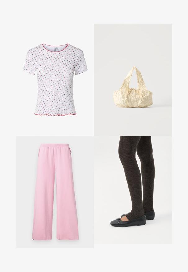 Camiseta blanca de manga corta con pequeño estampado floral rojo, textura acanalada, ribete ondulado rojo en el cuello y el bajo. Sin botones ni bolsillos visibles.; Pantalones de pierna ancha rosa, hechos de una tela suave, con una cintura elástica y bolsillos laterales. Presenta un corte recto y fluido.; Piernas con leggings oscuros acanalados combinados con bailarinas negras que presentan pequeños detalles de lazo sobre un fondo blanco.; Bolso de tela texturizada color crema con asas superiores y un pequeño detalle de lazo atado en el centro del frente.