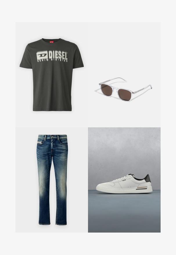 Camiseta de algodón gris oscuro con un gráfico blanco que dice "DIESEL" con un efecto desenfocado. Cuello redondo, manga corta y corte regular.; Jeans de denim azul oscuro con un lavado desgastado, corte recto, costuras contrastantes, cinco bolsillos y un cierre de botón en la cintura.; Zapatilla baja blanca con talón negro, cierre con cordones, perforaciones sutiles y el logo "BOSS" en el costado, mostrada desde el perfil exterior.; Gafas de sol de plástico transparente con lentes marrones rectangulares, que cuentan con finas varillas transparentes y acentos metálicos en las patillas.