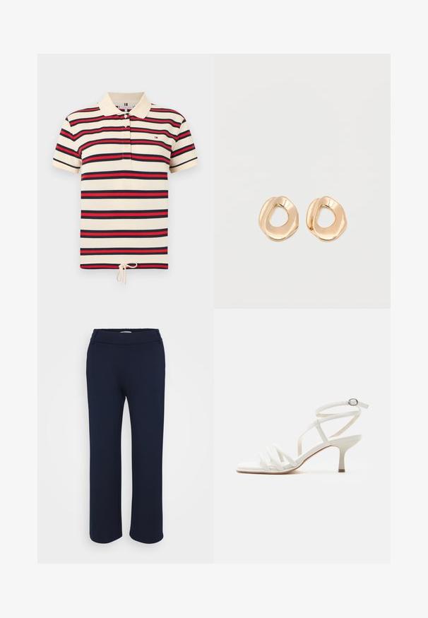 Kurzärmeliges Polo-Shirt mit roten, marineblauen und weißen horizontalen Streifen und einem Kordelzug vorne am Saum.; Marineblaue gerade geschnittene Hose aus elastischem Material, mit flachem Bund und zwei seitlichen Taschen für Funktionalität.; Weiße Damensandale mit Riemchen, dünnen Absätzen, drei Vorderseitenriemen und einem Knöchelriemen mit silberner Schnalle.; Paar unregelmäßig geformter, polierter Creolen aus goldfarbenem Metall mit offenem Zentrum auf weißem Hintergrund.