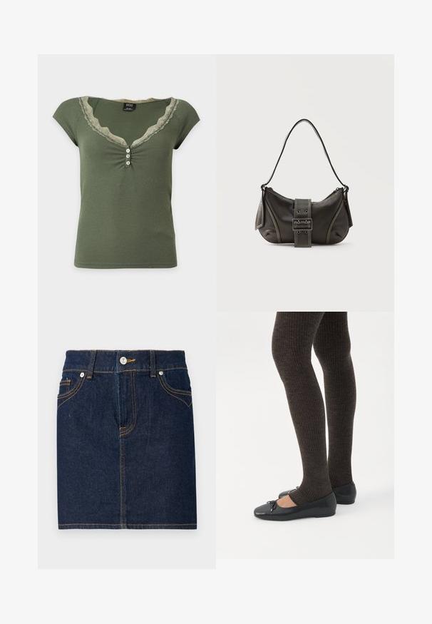 Top verde acanalado de manga corta con escote en V adornado con encaje y tres pequeños botones blancos debajo del escote.; Falda de mezclilla azul oscuro con costuras visibles, diseño de cinco bolsillos y cierre de botón en la parte frontal. Corte recto con un dobladillo limpio.; Piernas con leggings oscuros acanalados combinados con bailarinas negras que presentan pequeños detalles de lazo sobre un fondo blanco.; Bolso de hombro de cuero negro con detalle de correa con hebilla, bordes curvos y costuras blancas en contraste sobre un fondo liso.