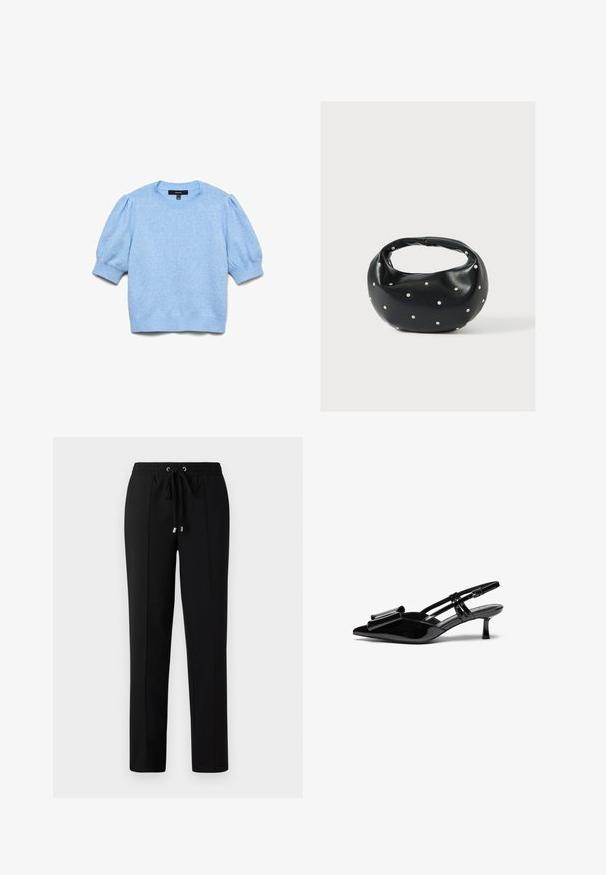 Pull tricot bleu clair avec manches courtes bouffantes et poignets, encolure et ourlet côtelés.; Pantalons noirs avec une taille élastique, un cordon de serrage et des accents en métal doré. Le tissu a une texture lisse avec un design à jambes droites.; Talons aiguilles en cuir verni noir avec un bout pointu, un détail en nœud à l'avant et un petit talon stiletto. Les brides sont équipées de boucles ajustables.; Sac à main en cuir noir de forme arrondie, décoré de clous argentés et équipé d'une poignée courte. Texture lisse et fermeture éclair.